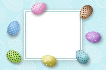 Happy Easter background, pastel eggs texture. Decoration paper frame. Greeting Easter 3D card. Border template, empty copy space. Holiday design poster, banner, invitation. Vector illustration