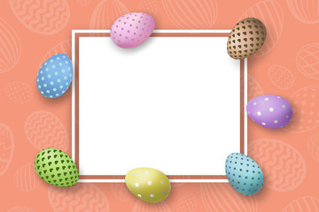 Happy Easter background, pastel eggs texture. Decoration paper frame. Greeting Easter 3D card. Border template, empty copy space. Holiday design poster, banner, invitation. Vector illustration