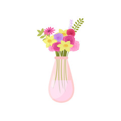 Beautiful colorful flowers composition bouquet in transparent vase over white