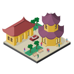 Isometric east asia cityscape. Pagoda, building, trees, benches, car and people.