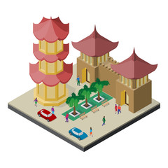 Isometric east asia cityscape. Pagoda, fortress building, trees, benches, cars and people.