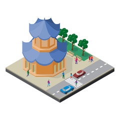 Isometric east asia cityscape. Pagoda, roadway, trees, benches, cars and people.