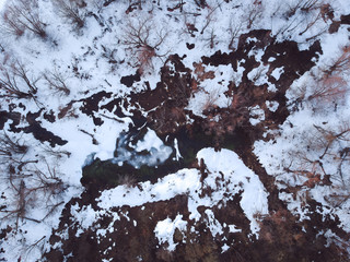 The forest and the frozen river with thawed patches appeared in the spring, when there is still...
