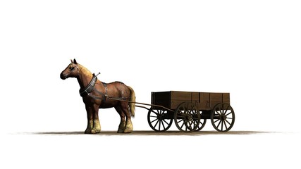 farm horse with wagon on a sand area - isolated on a white background © sabida