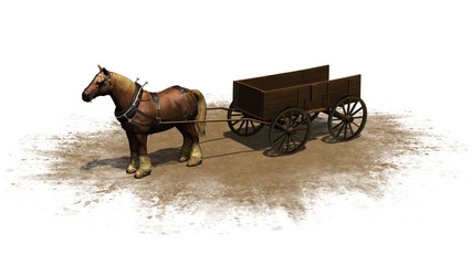 farm horse with wagon on a sand area - isolated on a white background © sabida