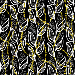branches with leaves and flowers with golden chains drawn on a dark color