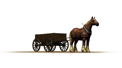farm horse with wagon on a sand area - isolated on a white background © sabida