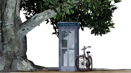 bicycle beside phone box and tree - separated on white background