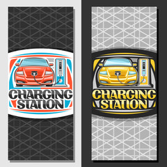 Vector layouts for Electric Car Charging Station, design sign board with cartoon electric red and yellow vehicles loading in high power charger, original lettering for words charging station on cells.