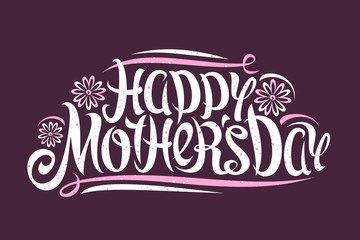 Vector greeting card for Mother's Day, template of voucher for holiday sale with congratulation, original creative lettering happy mothers day, pink heads of flowers and flourishes on dark background.
