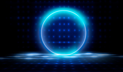 Empty Dark Futuristic Sci Fi Big Hall Room With Lights And Circle Shaped Neon Light. Dark neon background, empty stage, abstract dark background. Neon circle, reflection