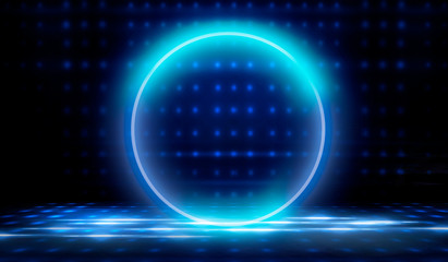 Empty Dark Futuristic Sci Fi Big Hall Room With Lights And Circle Shaped Neon Light. Dark neon background, empty stage, abstract dark background. Neon circle, reflection