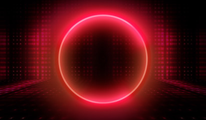 Empty Dark Futuristic Sci Fi Big Hall Room With Lights And Circle Shaped Neon Light. Dark neon background, empty stage, abstract dark background. Neon circle, reflection