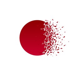 Red circle explosion isolated on white background. Disk with debris. Dynamic abstract template with copy space for your text. Vector.