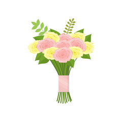 Nice bouquet of pink and yellow roses tied with ribbon on empty background