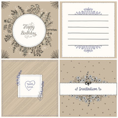 Floral cards set, herbal frames, vector hand drawn old style cards and frames collection