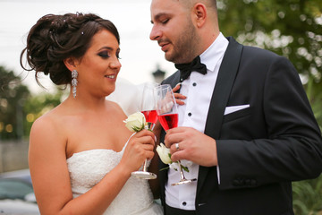 Beautiful wedding couple posing outdoor