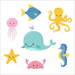 Schattige baby zeevissen. Vector cartoon onderwater dieren collectie. Kwallen en zeesterren, oceaan en zeeleven illustratie