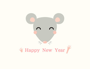 2020 Chinese New Year greeting card with cute rat face, text. Isolated objects on white background. Vector illustration. Flat style design. Concept holiday banner, decorative element.