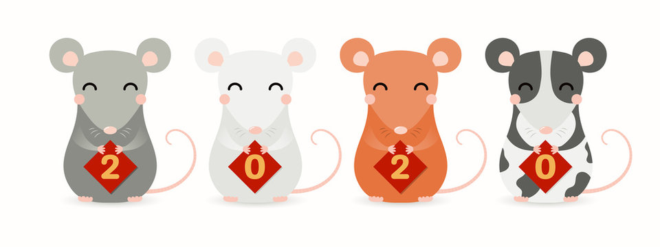 Hand drawn vector illustration of cute little rats holding cards with numbers 2020. Isolated objects on white background. Design element for Chinese New Year greeting card, holiday banner, decor.