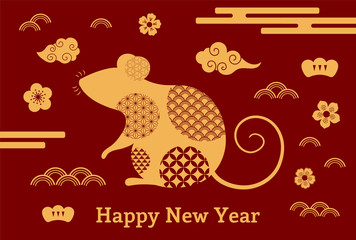 2020 Chinese New Year greeting card with rat silhouette, clouds, flowers, gold on red. Vector illustration. Flat style design. Concept for holiday banner, decor element.
