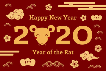 2020 Chinese New Year greeting card with rat face, clouds, flowers, numbers, gold on red. Vector illustration. Flat style design. Concept for holiday banner, decor element.