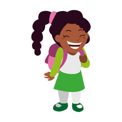 happy little black schoolgirl with schoolbag character