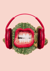 Prickly sound. Specific is not strange music taste. Green juicy cactus as a meloman head with big...