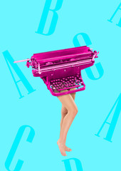 Copywriter has keyboard as a head and body. Typing with her brain. Female fit legs headed by pink retro typewriter on blue background. Business concept. Modern design. Contemporary art collage.