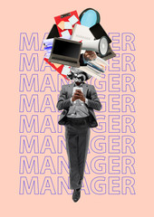 Manager is multifunctional. Man in a grey suit with coffee headed by laptop, books, clock, tablet...
