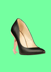 An alternative shoes. Choose whats more comfortable. A black leather shoe for women with fit female legs as a heel against mint background. Modern design. Fashion concept. Contemporary art collage.