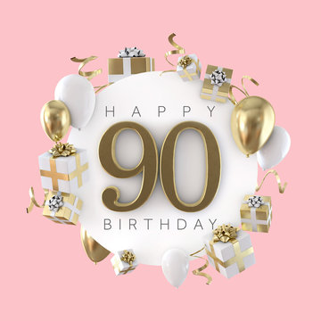 Happy 90th birthday party composition with balloons and presents. 3D Render