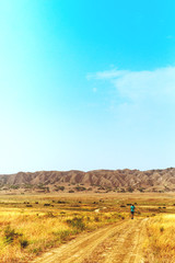 Fototapeta premium Young alone traveler guy walks wandering on hot savannah. Travel lifestyle