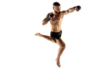 MMA. Professional fighter isolated on white studio background. Sport, competition, excitement and human emotions concept
