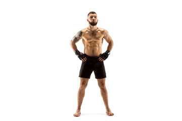 MMA. Professional fighter isolated on white studio background. Sport, competition, excitement and human emotions concept