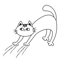 Cat arch back. Kitten scratching. Scratch track. Doodle linear sketch. Black contour silhouette. Cute funny cartoon character. Happy Halloween. Sticker print. White background Flat design
