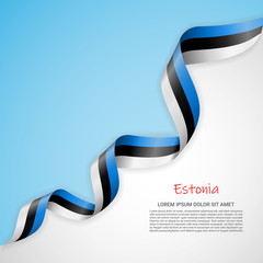 Vector banner in white and blue colors and waving ribbon with flag of Estonia. Template for poster design, brochures, printed materials, logos, independence day. National flags