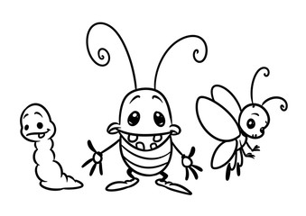 Insect characters beetle butterfly caterpillar cartoon illustration isolated image coloring page