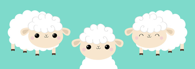 Sheep lamb face head icon set. Sleeping eyes. Cloud shape. Cute cartoon kawaii funny smiling baby character. Nursery decoration. Sweet dreams. Flat design. Blue background. Isolated.