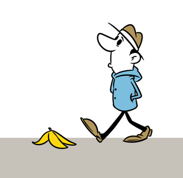 Minimalism illustration banana peel man unexpected trouble cartoon illustration