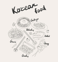 Outline korean traditional dishes and korean street food set. Bibimbap, guksu, gimbap, oden, galbi-gui, hotteok, shrimp, cilantro leaf. Vector hand drawn illustration for menu or signboard design.