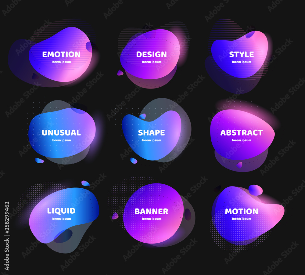 Poster set of modern abstract vector banner. flat geometric colorful liquid shape. neon stones logo templat
