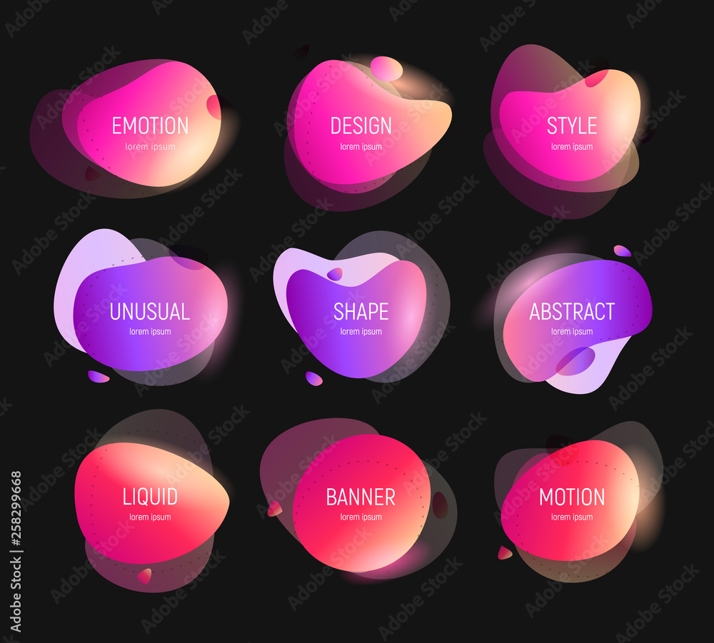 Poster Set of Modern abstract vector banner. Flat geometric colorful liquid shape. Colored design template of a logo, flyer, banner, presentation. Concept design for business. Isolated vector illustration.