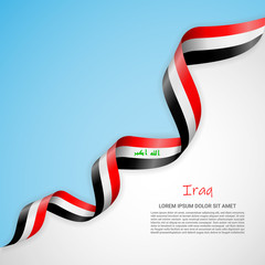 Vector banner in white and blue colors and waving ribbon with flag of Iraq. Template for poster design, brochures, printed materials, logos, independence day. National flags