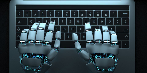 Humanoid Robot Hands Notebook Typing - obrazy, fototapety, plakaty