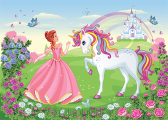 Beautiful Princess with white unicorn. Cute fairy. Fairytale background with flower meadow, castle, rainbow. Wonderland. Magical landscape. Children's cartoon illustration. Romantic story. Vector. 