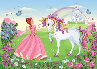 Wall murals Girls room Beautiful Princess with white unicorn. Cute fairy. Fairytale background with flower meadow, castle, rainbow. Wonderland. Magical landscape. Children's cartoon illustration. Romantic story. Vector. 