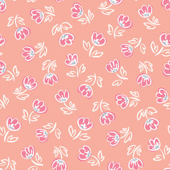 Cute abstract hand-drawn tulip flowers on coral background vector seamless pattern. Whimsical floral print.