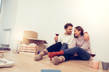 Just married couple spending their first evening in new house