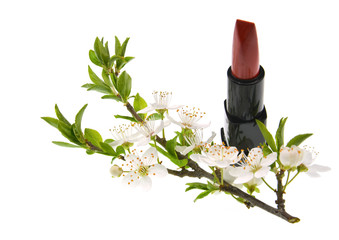 white flowers and red  lipstick